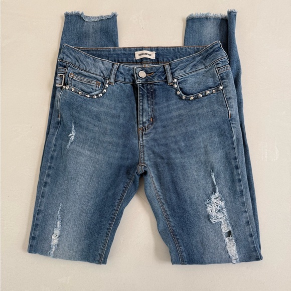 Zadig & Voltaire Eva Mid Rise Distressed Studded Skinny Jeans 25 - Picture 1 of 5
